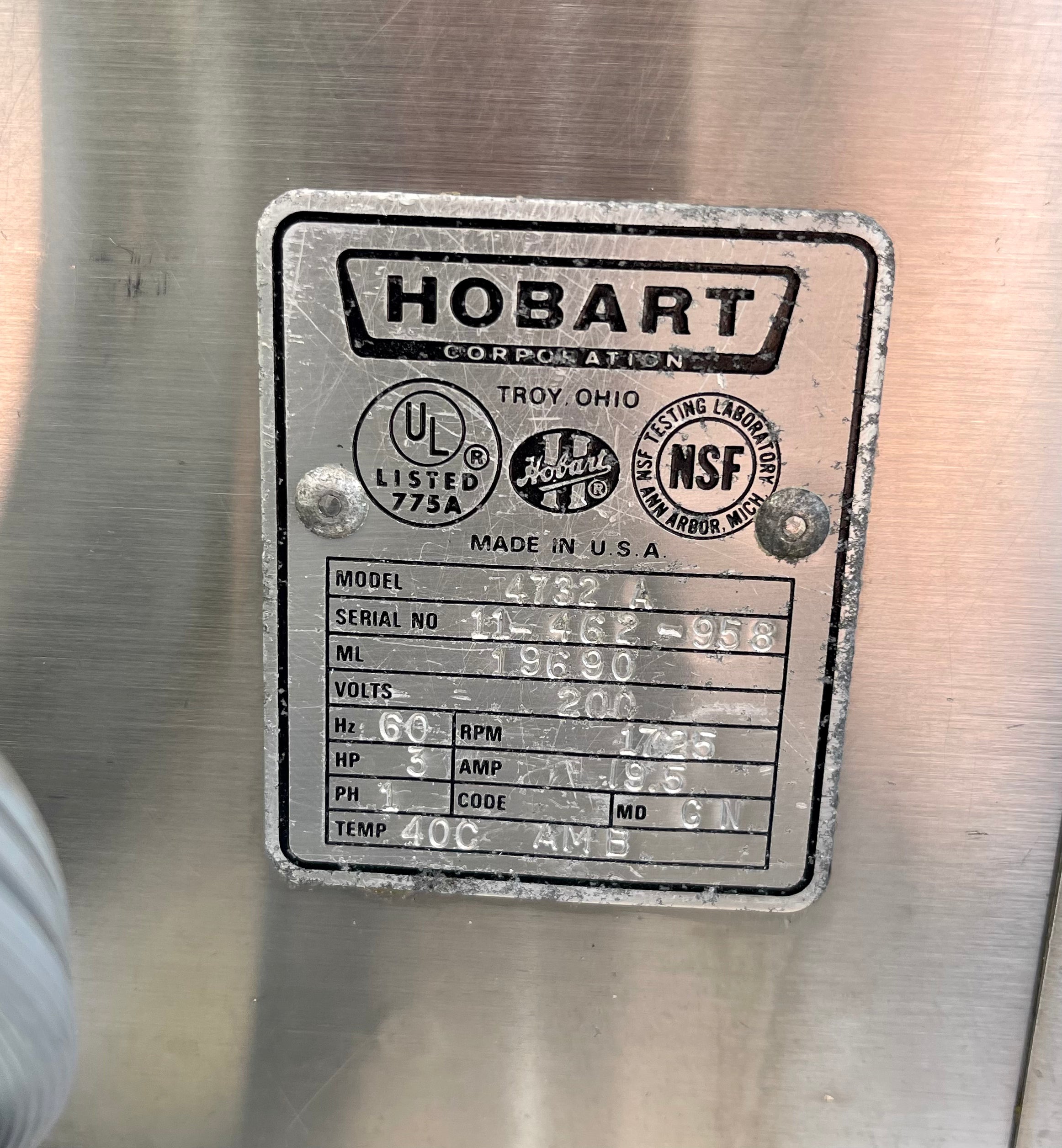 Hobart 4732A Stainless Steel Body Meat Grinder 200 Single Ph. On a Equipment Stand