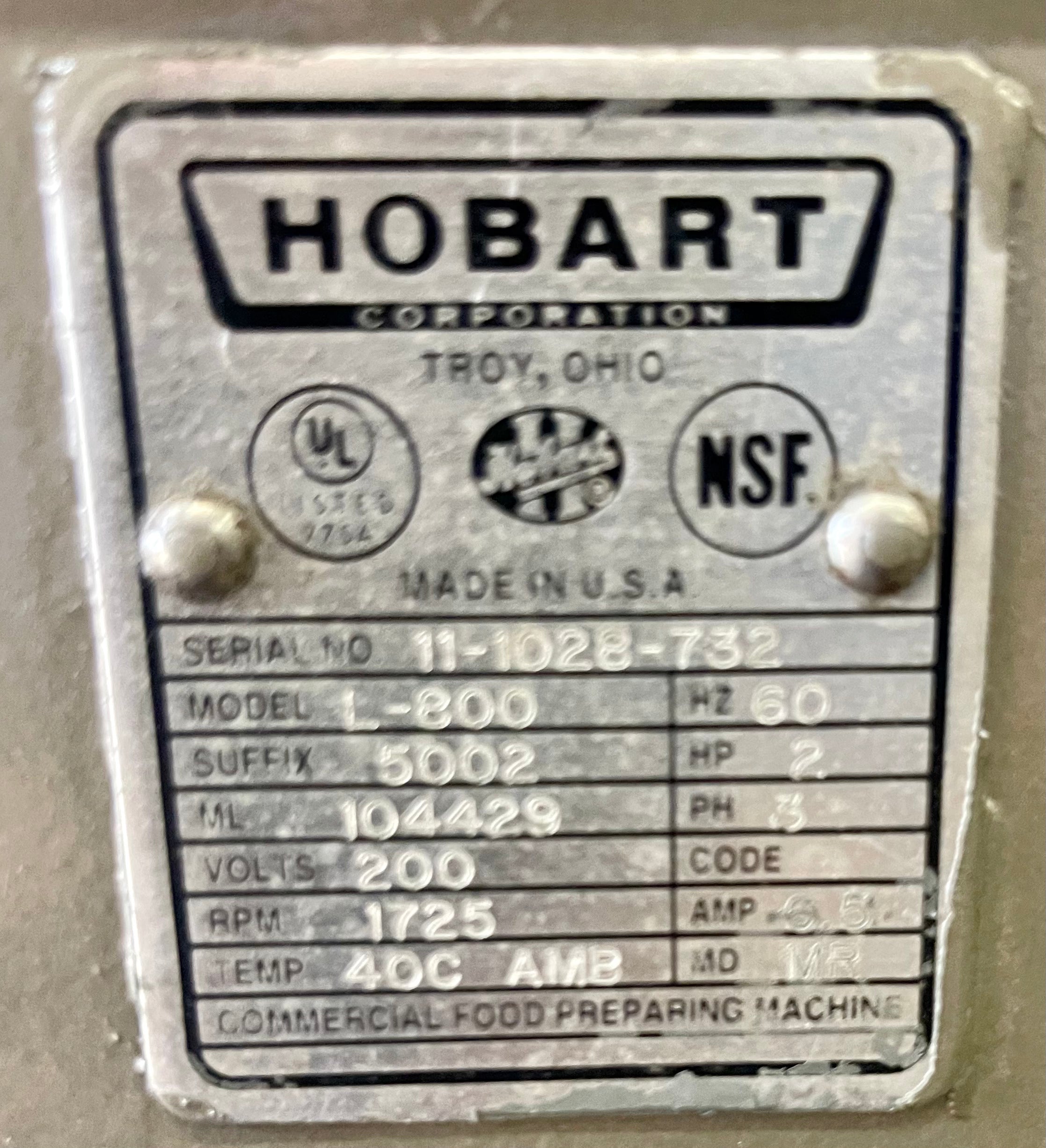 Hobart L800 3 phase 2HP Bowlguard mixer. Can be sold with 60 qt reducer ring for additional fee
