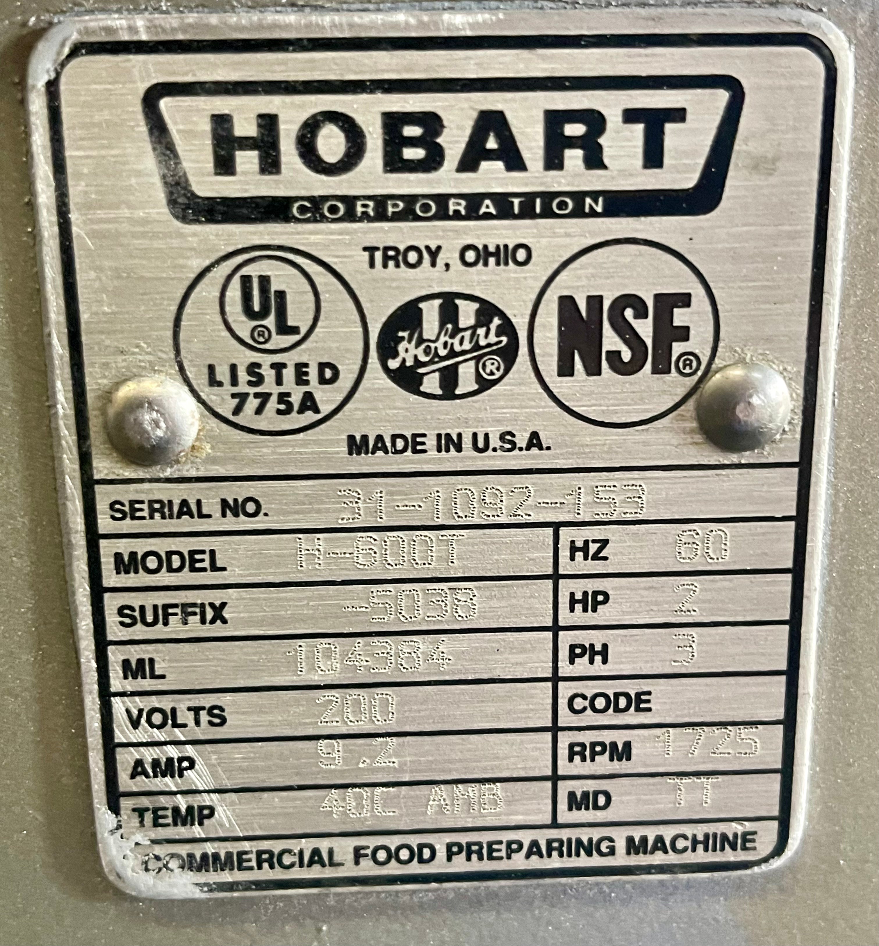 Hobart H600T 60 quart 3 phase 2 HP auto lift Bowlguard mixer