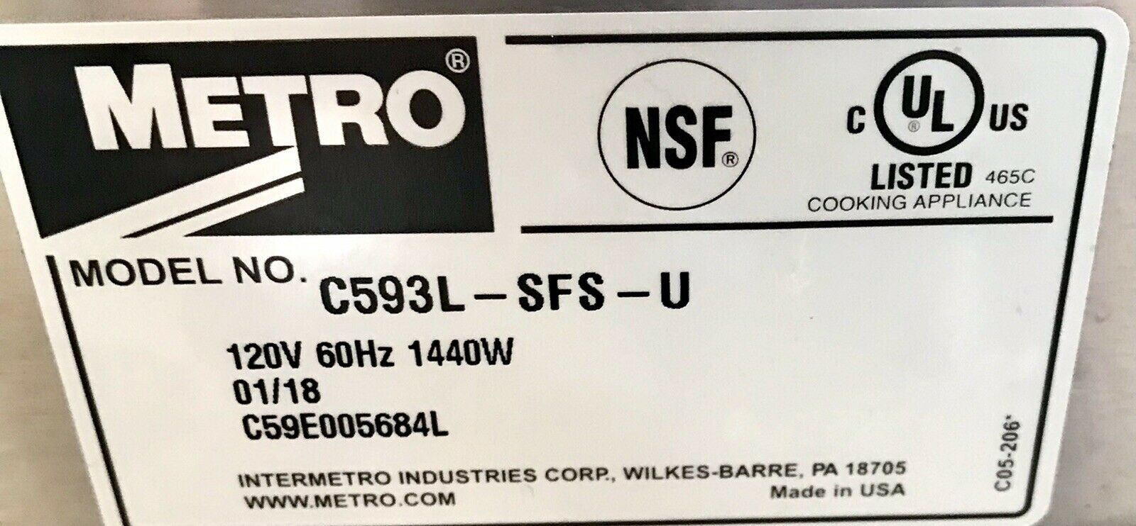 Metro C593L-SFS-U C5 9 Series Controlled HumidityHeatedHolding&Proofing Cab 2018